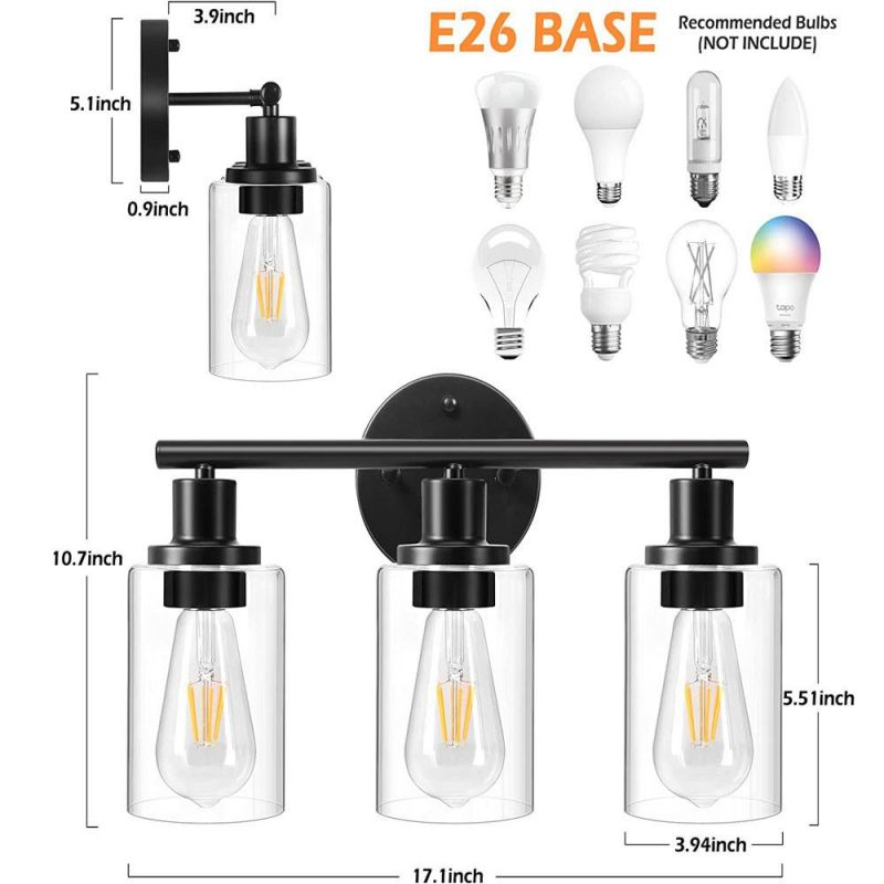 Wall Vanity Light Fixture 3-Light Wall Sconce Lighting Modern Bathroom Lights with Clear Glass Shade Porch Wall Lamp for Living Room Bedroom Hallway Mirror