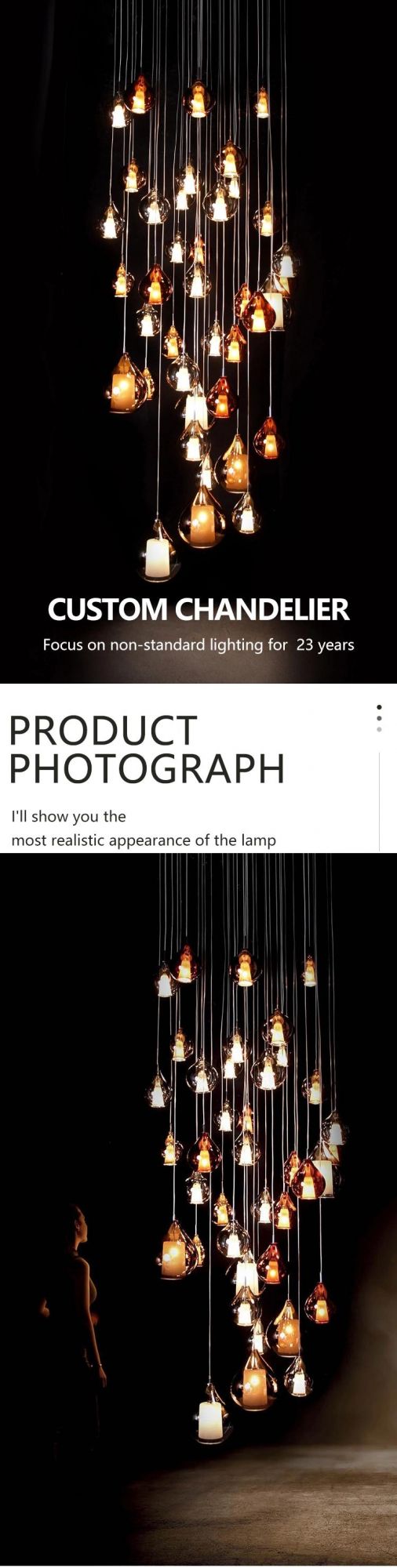 New Design Decoration Show Room Long Staircase Glass Engineering Custom LED Chandelier