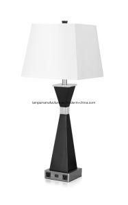 Modern Wood Base Hotel Table Lamp with 2convenience Outlets