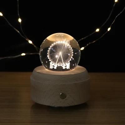 2022 Decorative Light Gift Ferris Whee 3D Glass Night Light 5V USB Desk Table Lamp with Music Box