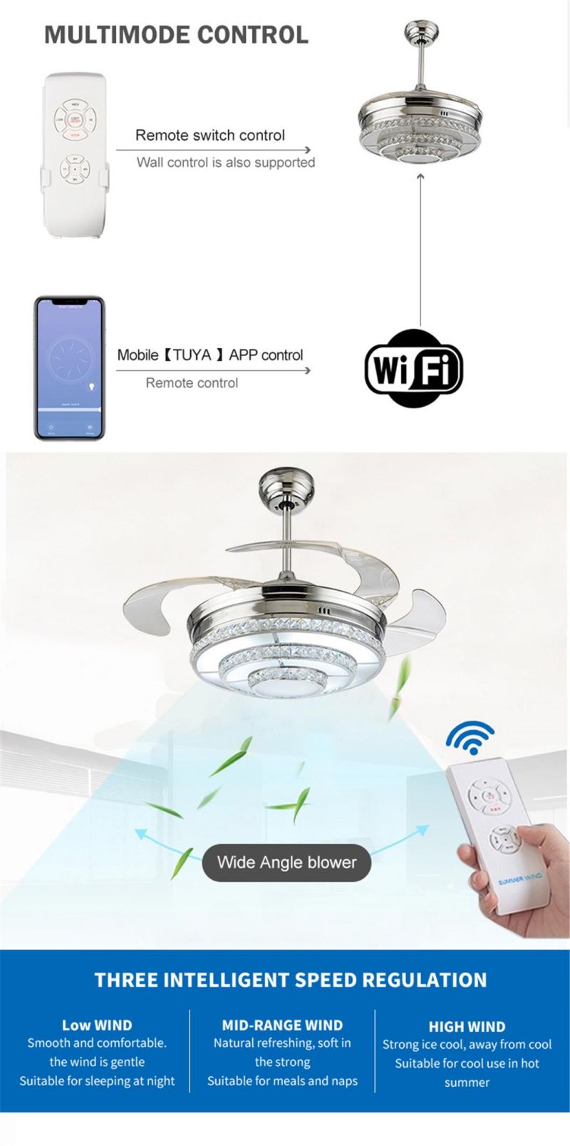 Fancy Remote Control 42 Inch Retractable Crystal Ceiling Fan Light