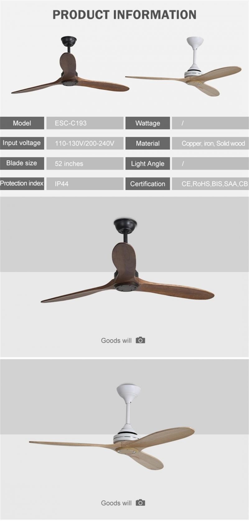 Stylish European Simple Solid Wood 52 Inch 3 Blade Ceiling Fan Light