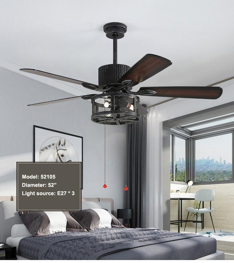 Industrial Cool Wind Retro Dining Room Living Room Wood Blade Leaf Fan Remote Control Electric Ceiling Fan Lamp