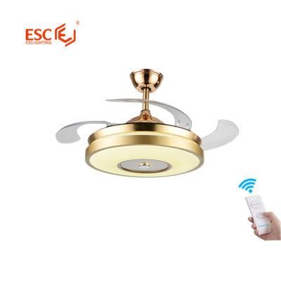 Fancy Design Hidden Blades Silent 3 Speed Metal House Gold Remote Control Fan LED Light