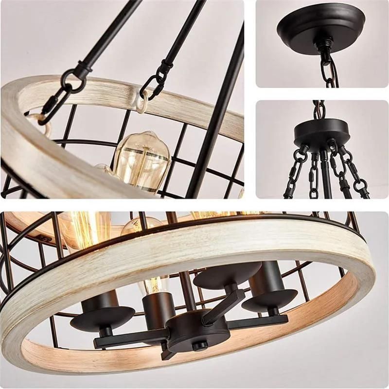 LED European Indoor Light Living Room Retro Industrial Style Wrought Iron Wooden Chandelier