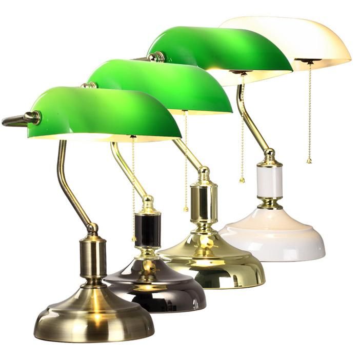 Retro Hotel Reading Decorative Nordic Study Gold Modern LED Glass Classic Satin Brass Traditional Banker Bank Lamp Antique Style Emerald Green Glass Desk Light