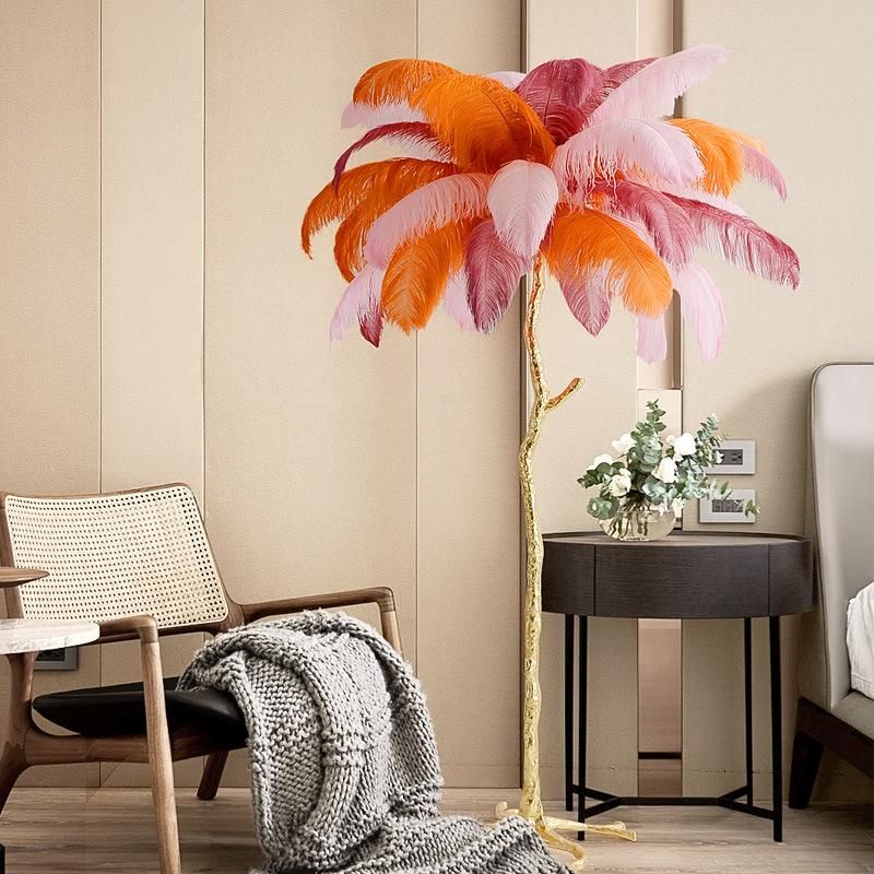 Nordic Modern Brass Copper Resin Hotel Stand Lamp Light Ostrich Feather Light Floor Lamp