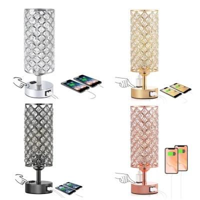 Touch Control Crystal Table Lamp Set of 2 Bedside Nightstand Lamps with 2 USB Charging Ports, Outlet, K9 Crystal Decorat