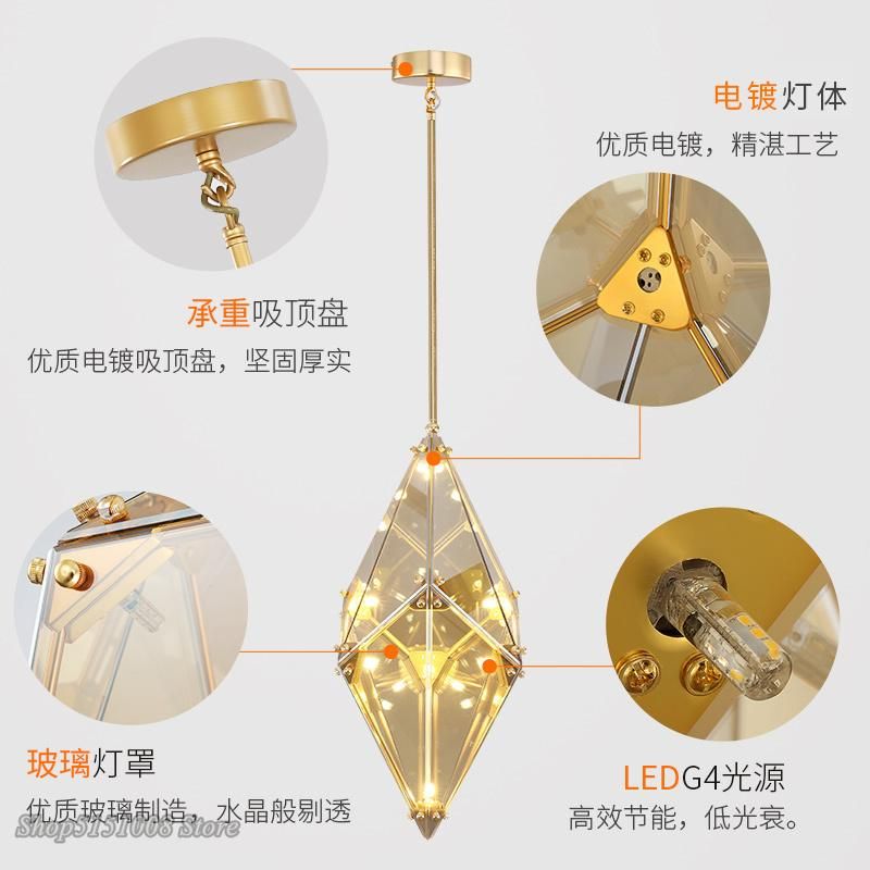 Post-Modern LED Diamond Glass Pendant Lights Restaurant Rhombic Polyhedron Hanging Lamps (WH-GP-98)