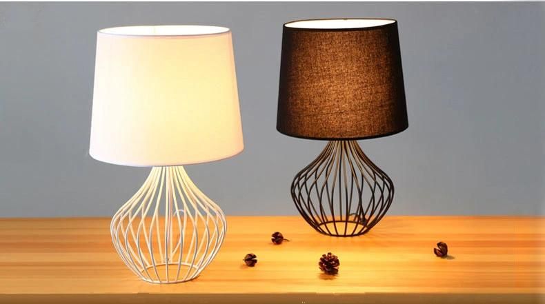 Low Price Fabric Light E27 Cage Table Lamp Metal Wire Light White Black Color