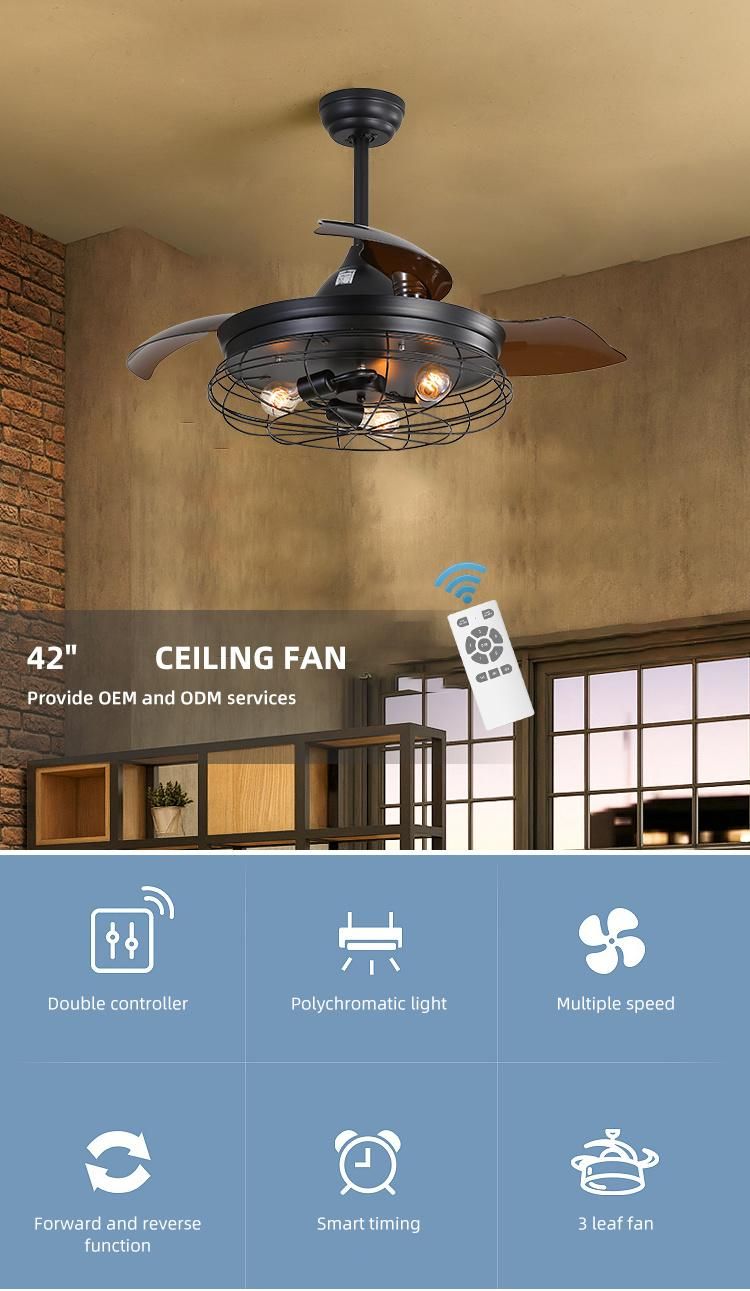 42 Inches Modern Luxury Retractable Chandelier Fancy Hidden Transparent Blade Ceiling Fan with LED Light