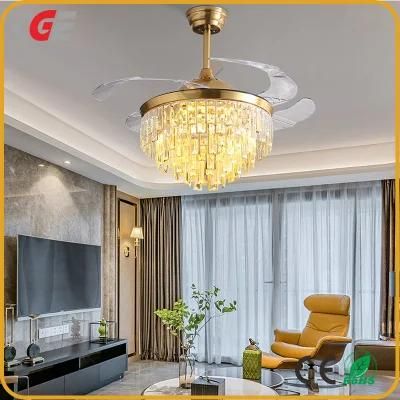 Golden Crystal Invisible Ceiling Fan Light with Remote Control 3 Color Changes LED Chandelier Fan Lamp