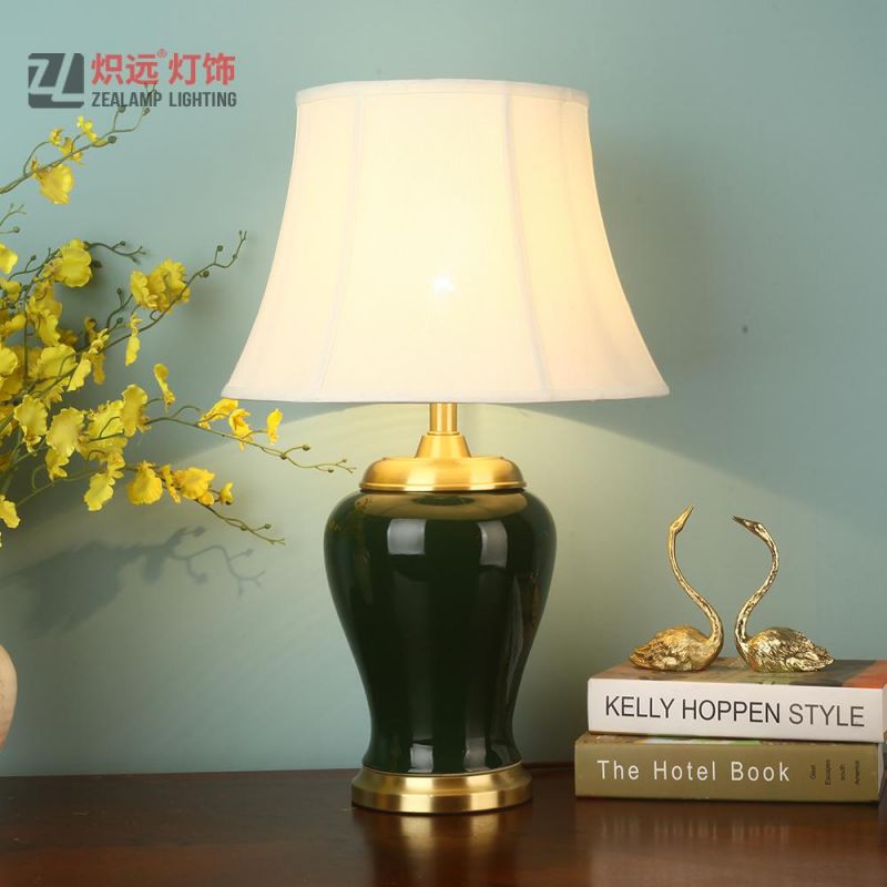 White Bell Shade Dark Green Ceramic Table Lamp (TL8062)