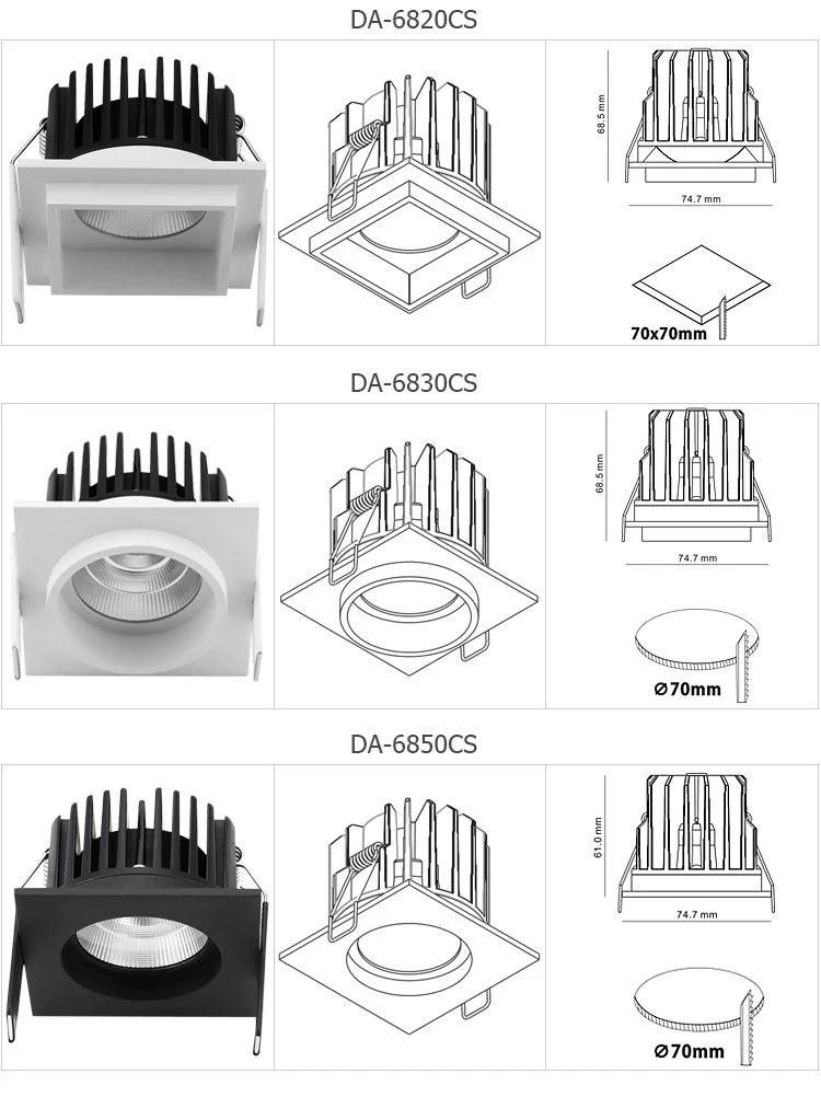 Hotel CCT 50mm Cut out Trimless Dimmable Anti Glare Down Light Square Antiglare COB Ceiling Recessed LED Downlight