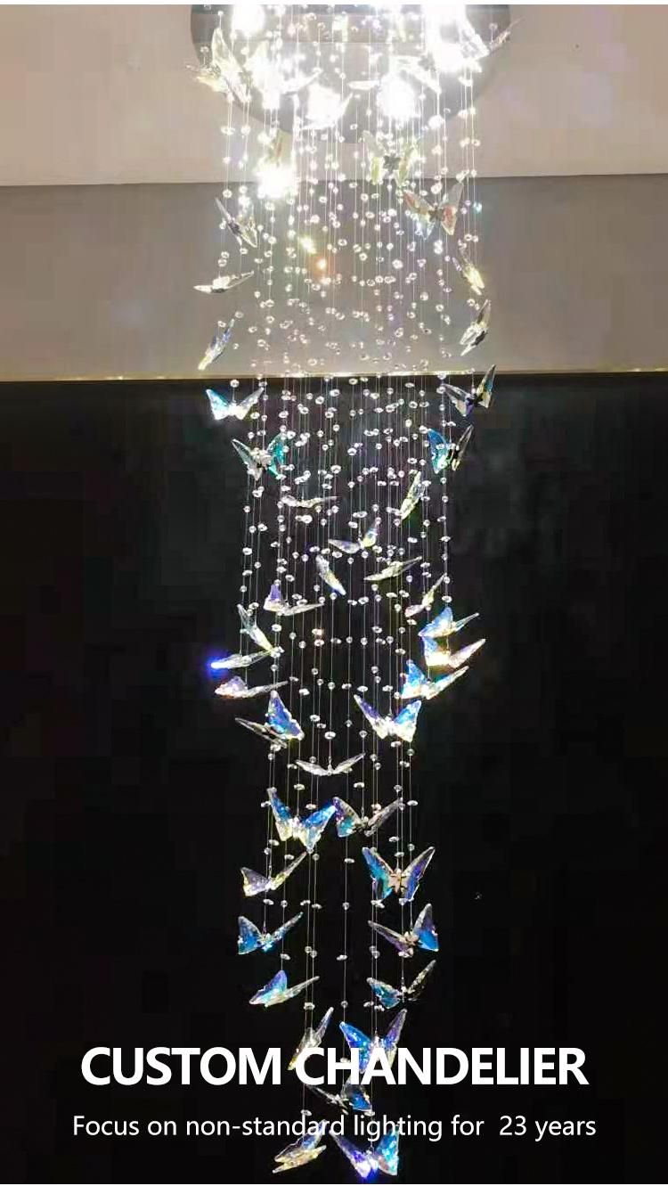 Colorful Butterfly Shape Lamp Long Staircase Custom Glass Luxury LED Chandelier Light