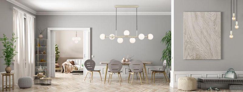 Globe Linear Chandelier 7-Light Hanging Pendant Light Fixtures MID Century Modern Ceiling Lamp for Living Room Dining Room Kitchen (Opal Glass & Painted Brass)