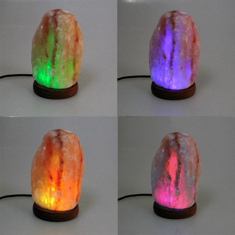 Hand Carved USB Wooden Base Himalayan Rock Salt Stone Lamp Air Purifier Night Light