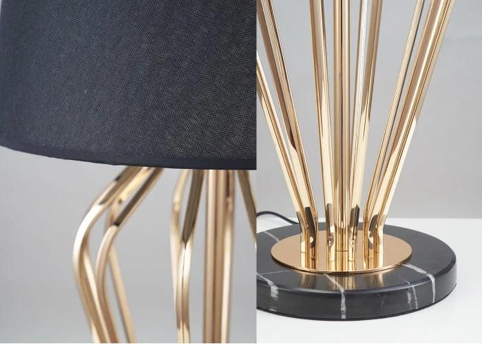 Golden Metal Hotel Modern Desk Table Lamp Light in Black Marble Base, with White Fabric Shade