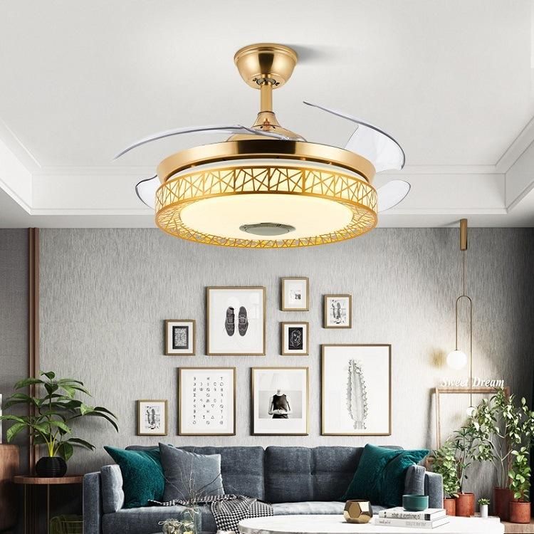 Modern 42" 48"Remote Control Bluetooth DC Retractable Blades Ceiling Pendant Fan Light with Speaker