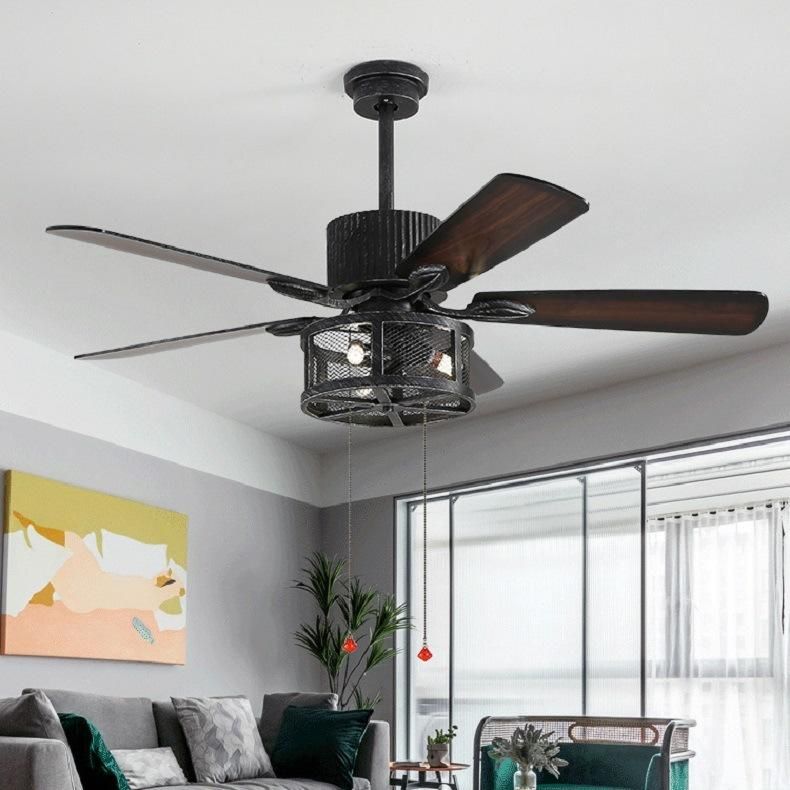 Industrial Cool Wind Retro Dining Room Living Room Wood Blade Leaf Fan Remote Control Electric Ceiling Fan Lamp