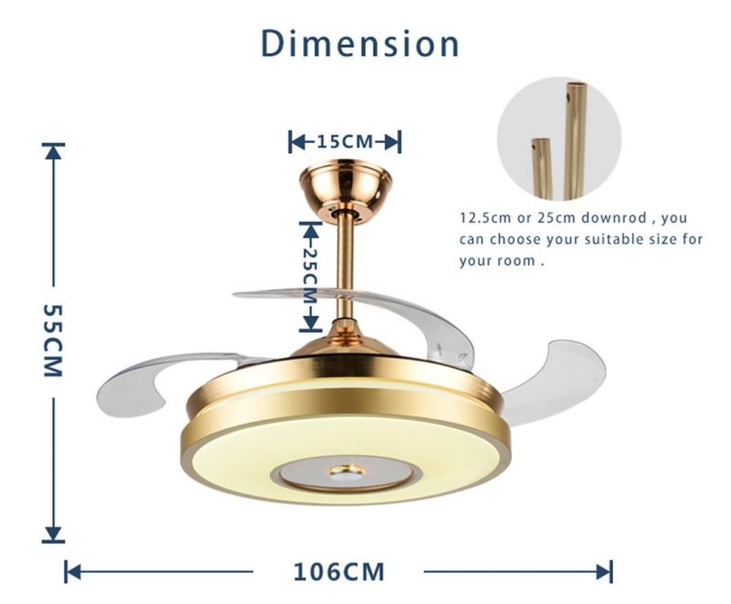 Fancy Design Hidden Blades Silent 3 Speed Metal House Gold Remote Control Fan LED Light