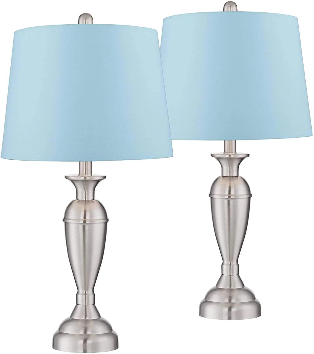 Blair Contemporary Modern Style Brushed Nickel Silver Metal Drum Shade LED Light Bulb Table Lamps for Living Room Bedroom House Bedside Nightstand Lighting