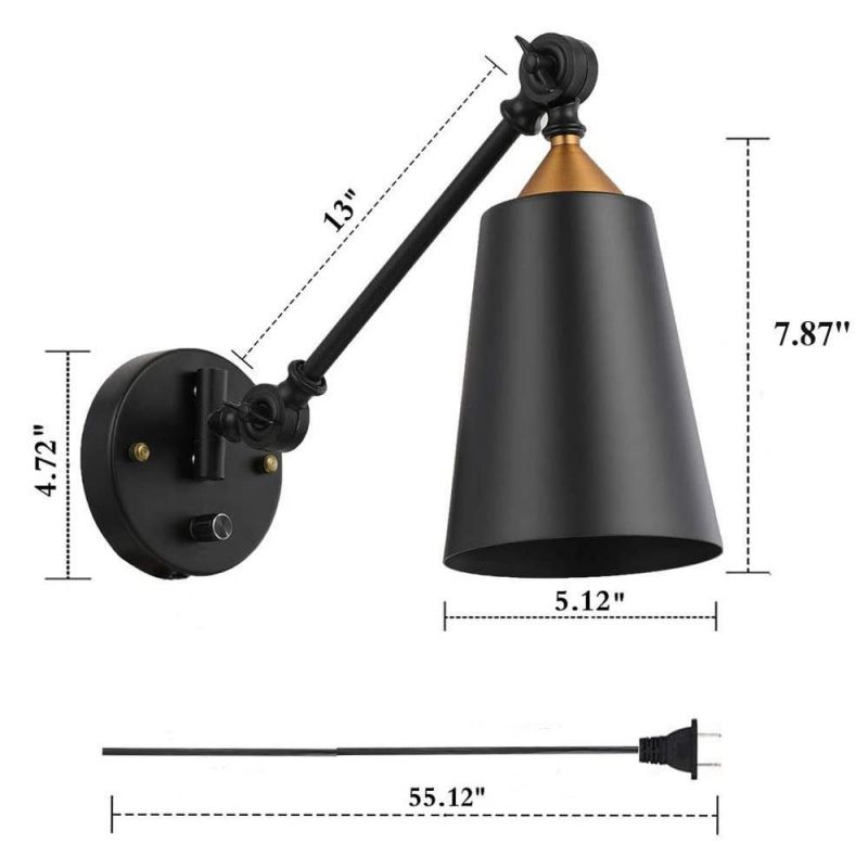 Industrial Plug in Wall Sconces with on off Switch Vintage Edison Swing Arm Wall Lamp Black Metal Shade Wall Light Fixtures