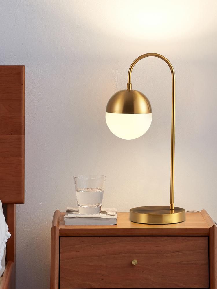 Modern Arc Gold Base White Glass Shade Globe with Brushed Brass Finished for Living Room Office Table Lamp Brass Finish Nightstand Light