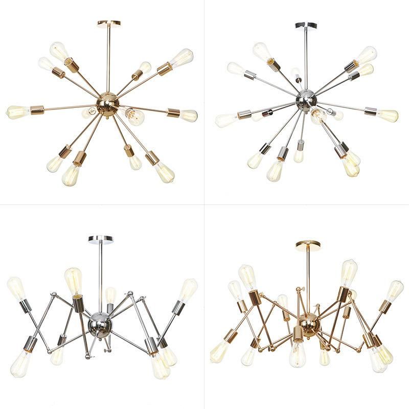 Industrial Modern Loft Fixtures Hanging Brushed Brass Gold Metal Iron Starburst Sputnik Chandelier Pendant Light for Living Room