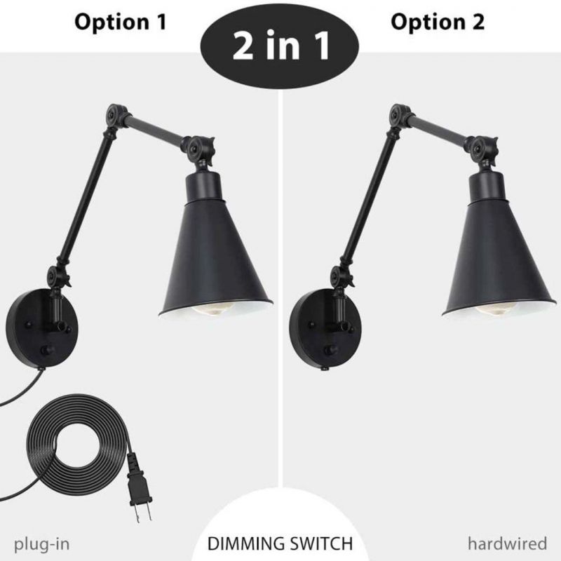 Swing Arm Wall Lamp Bedroom Plug in Wall Light Fixture Dimmable Switch Industrial Metal Black Wall Reading Sconce Living Room Farmhouse Hallway