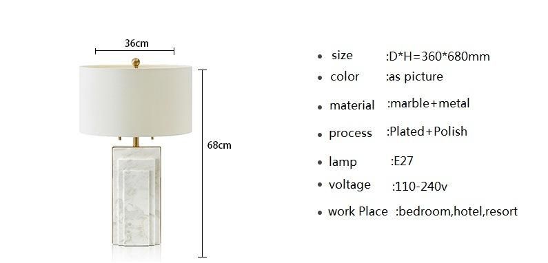 Luxurygolden Side and White Marble Table Lamp with Cloth Lampshade for Hotel, Hall, Bedroom Zf-Cl-015