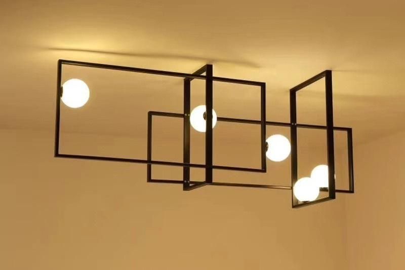 Modern Loft Iron Art Geometric Square Ceiling Light Minimalist Creative Retro Industrial Style Glass Ball LED G9 Lighting