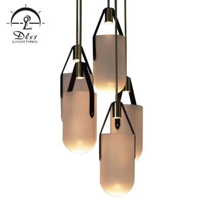 Modern Glass Bucket Leather Hanging Pendant Lamp Decoration Lighting