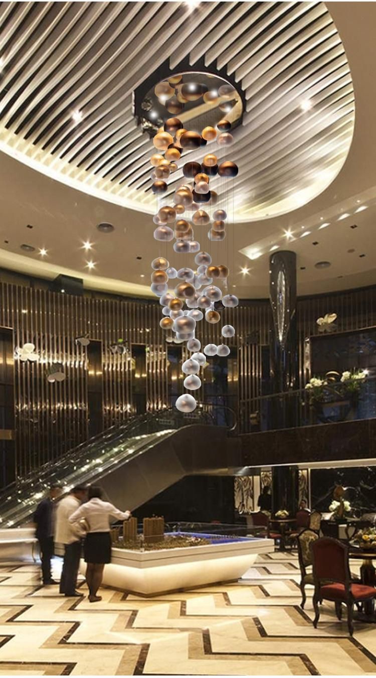 Custom Engineering Decorative Long Stairway Luxury Glass Steel Wire LED Chandelier Lamp