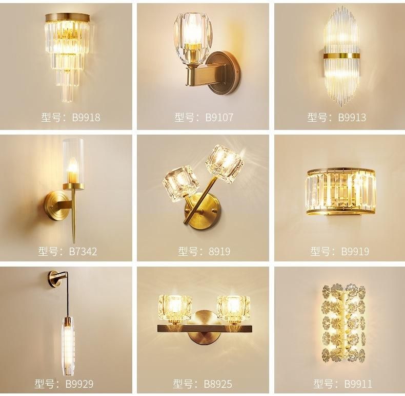 European Crystal Wall Sconce Golden Wall Lamp Indoor Lighting LED for Living Room with Glass Lampshade