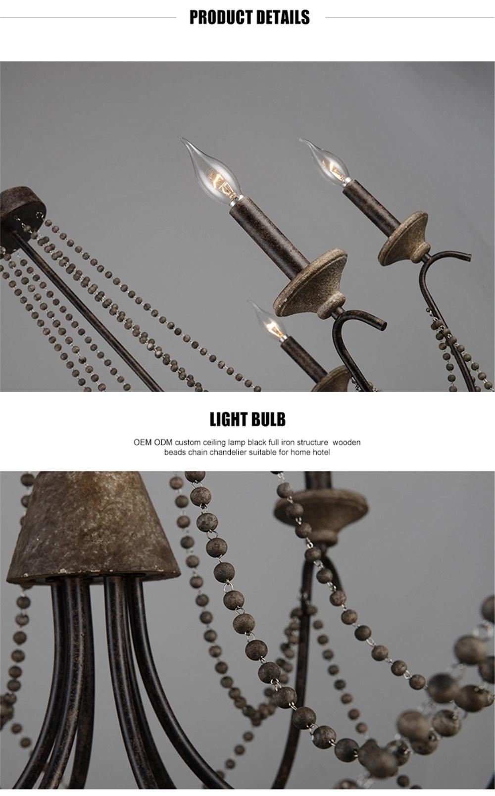 Country Style Iron Wooden Beads Chain Pendant Lights Chandelier