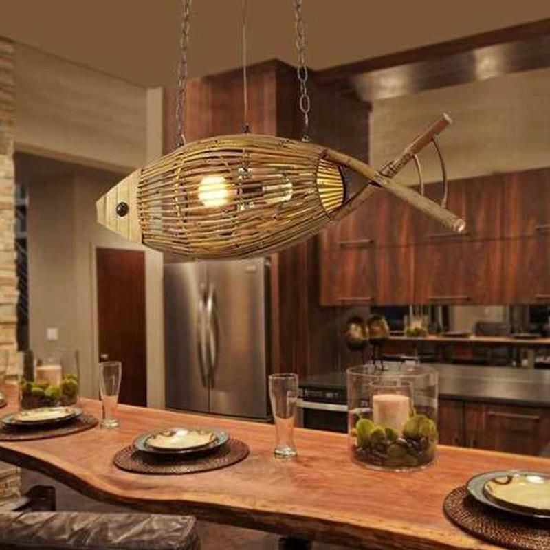 Fish Pendant Lamps Handmade Wood Weaving Pendant Light Hanging Lamp (WH-WP-46)