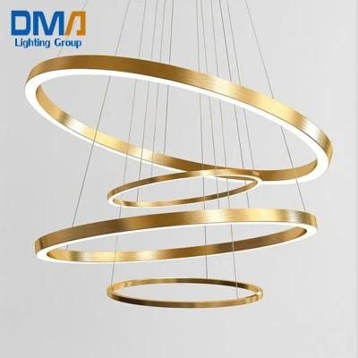 Customized Home Decor Unique Hanging Round Stainless Steel Golden Modern LED 5 Acrylic Rings Ceiling Light Pendant Chandelier