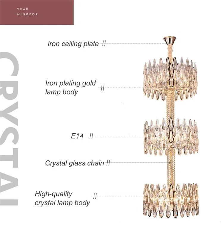 Hotel Home Decor Indoor Luxury Art Design Hanging Light Modern Gold Three Layers Stairwell Crystal Pendant Lamp