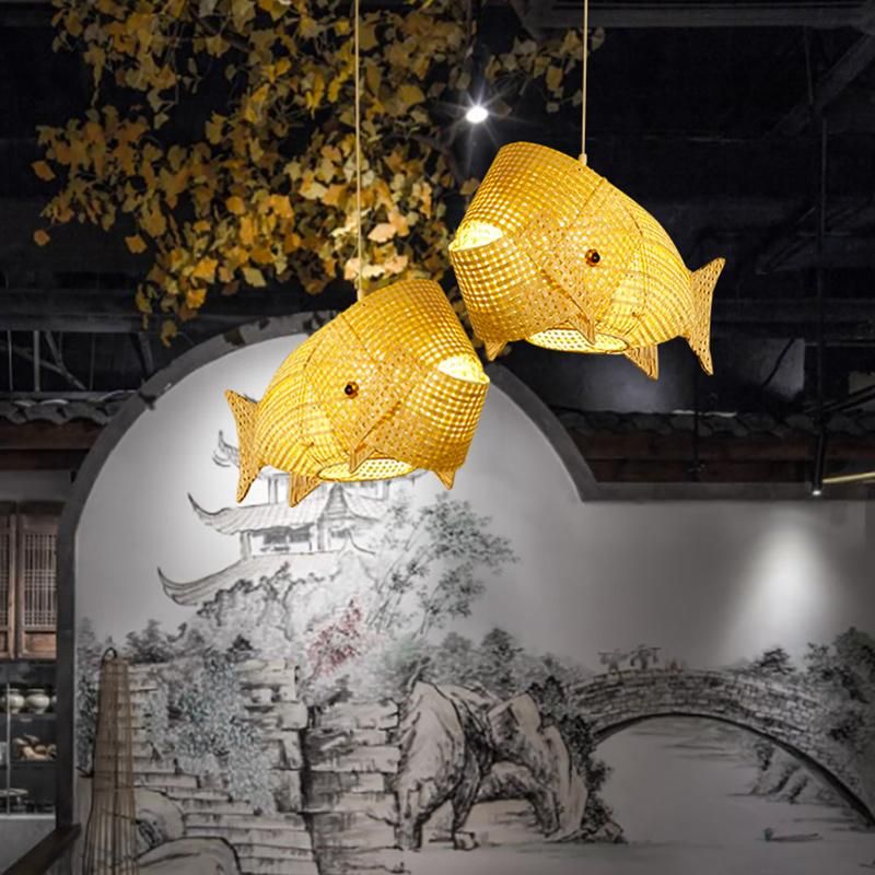 Fish Wooden Chandelier Dining Room Asian Style Restaurant Pendant Lamp