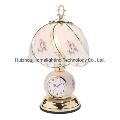TM-2639 Bronze Finish Glass Floral Tuoch Table Lamp with Clock