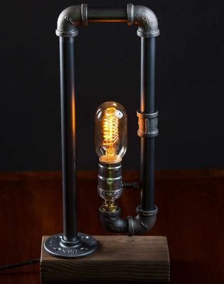 Vintage Personality Black Metal Water Pipe Table Lamp with Wood Base