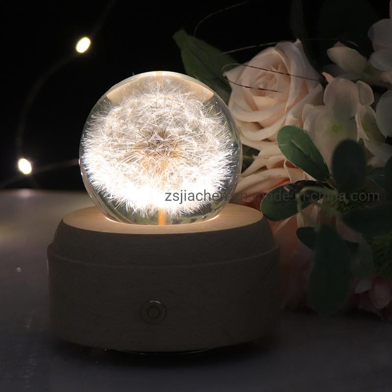 Manufacturer Hot Selling Plant Specimen Dandelion 3D Crystal Ball Wooden LED Desk Table Lamp Night Light with Music Box