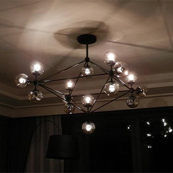 Amber Glass Ball Black Metal LED Lighting Modern Chandelier