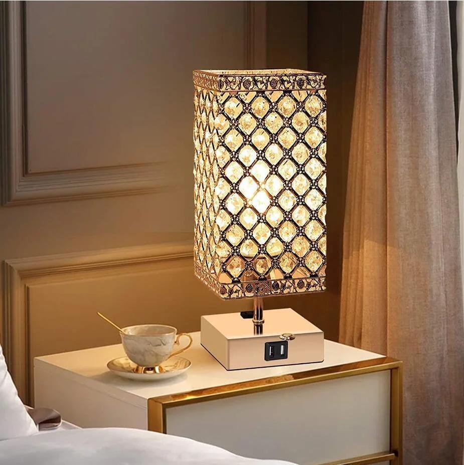 Modern Touch Control Crystal Bedside Table Lamp with USB Ports, Wireless Charging Lamp for Bedroom