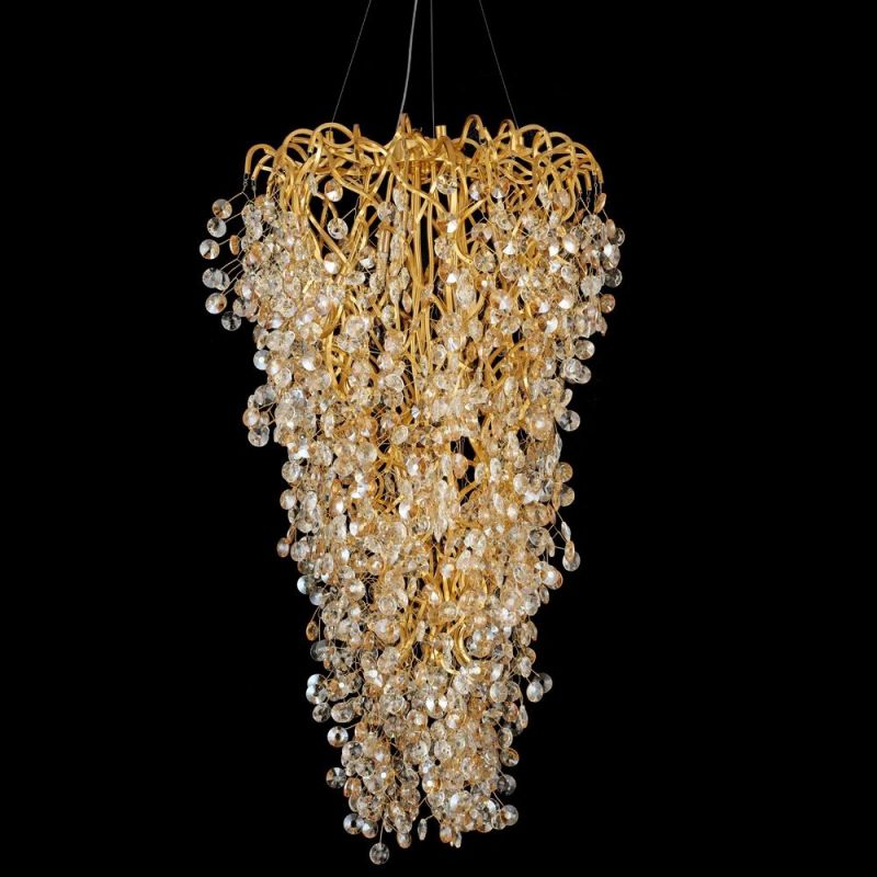 2022 Polished Long Shape Handmade Customized Copper Brass Leaf Clear Crystal Ceiling Pendant Lamp Chandelier Hotel Lobby Hall Stair
