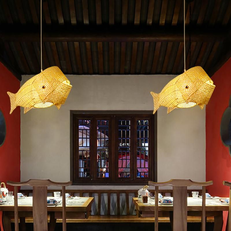 Fish Wooden Chandelier Dining Room Asian Style Restaurant Pendant Lamp