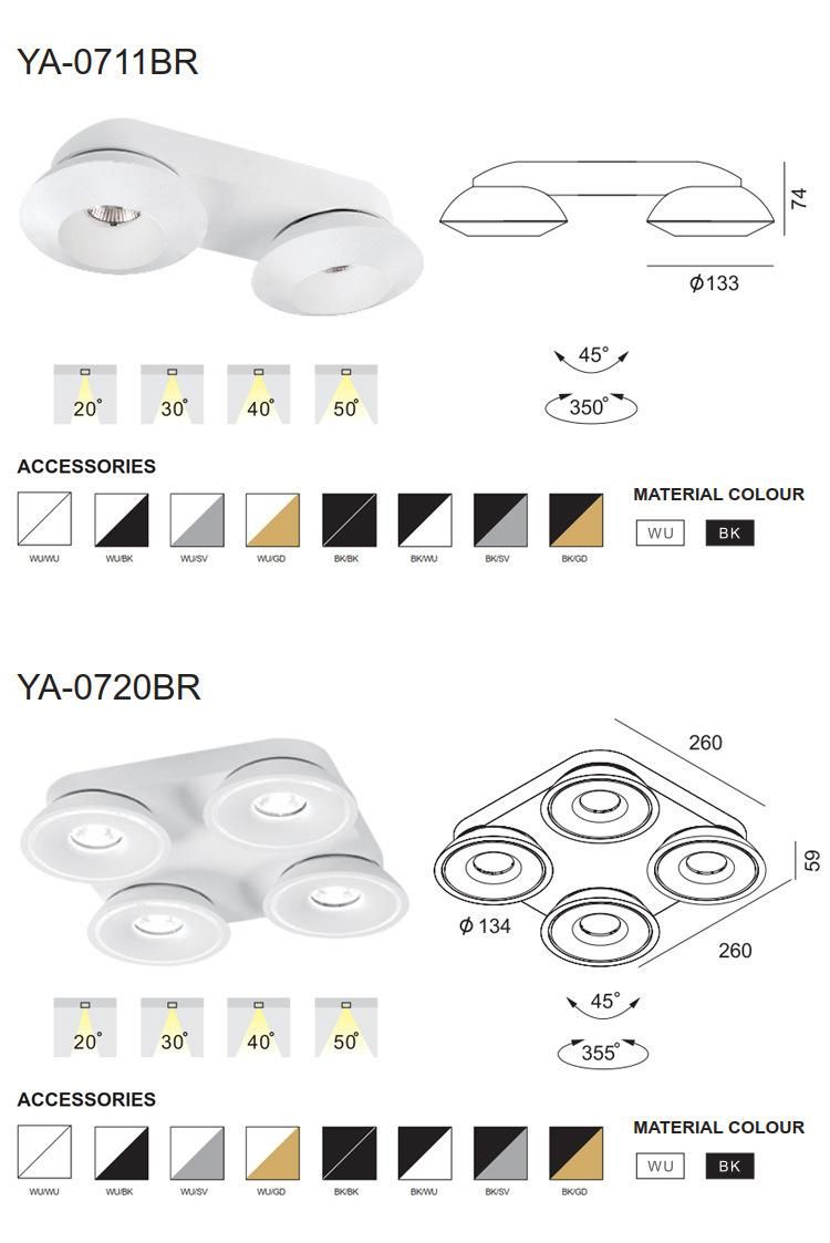 Four Heads Commercial Square Shape Office Hotel Home COB 60W Surface Mounted LED Spotlight