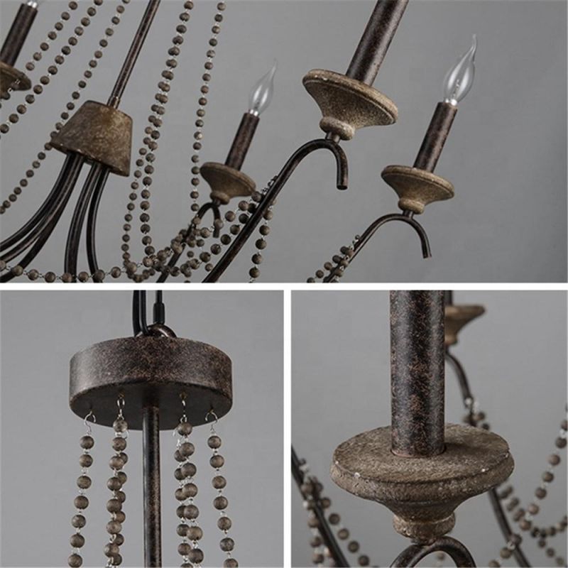 Country Style Iron Wooden Beads Chain Pendant Lights Chandelier