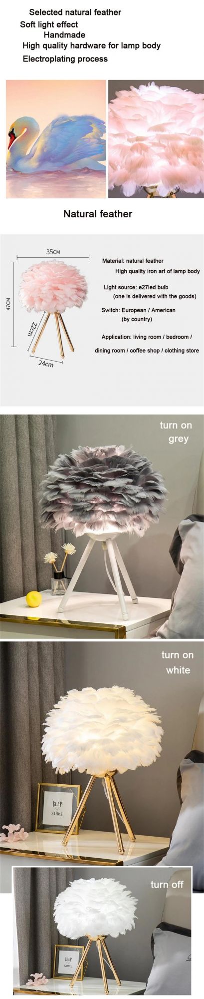 Feather Lamp for Living Room Bedroom Table Lamp Modern Decoration Bedside Lamp Room Light Goose Feather Lamp Feather Table Lamp